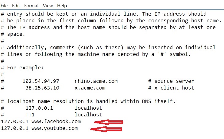 Type the URLs you wish to blcok as follows