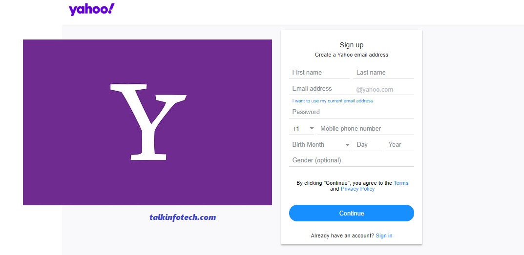 Yahoo mail create account